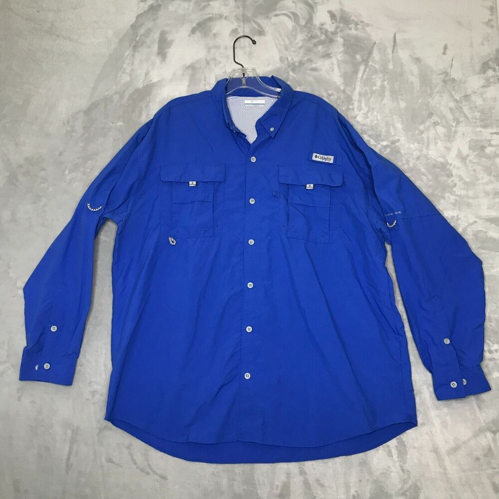 Columbia PFG Shirt Mens XL Blue Omni Shade Button Front Long Sleeve Outdoor Fish